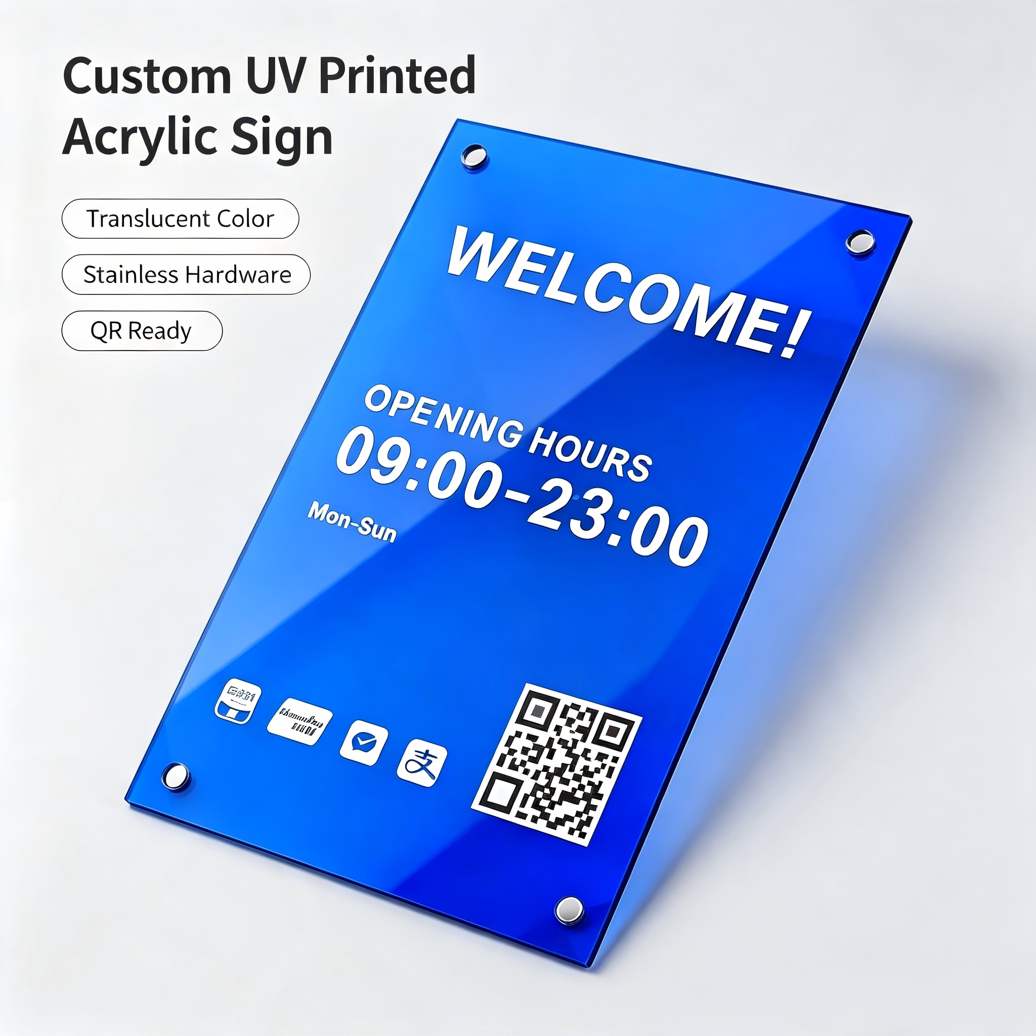 Custom UV printing acrylic information sign, translucent acrylic plaque with logo & QR code, business opening hour wall signage