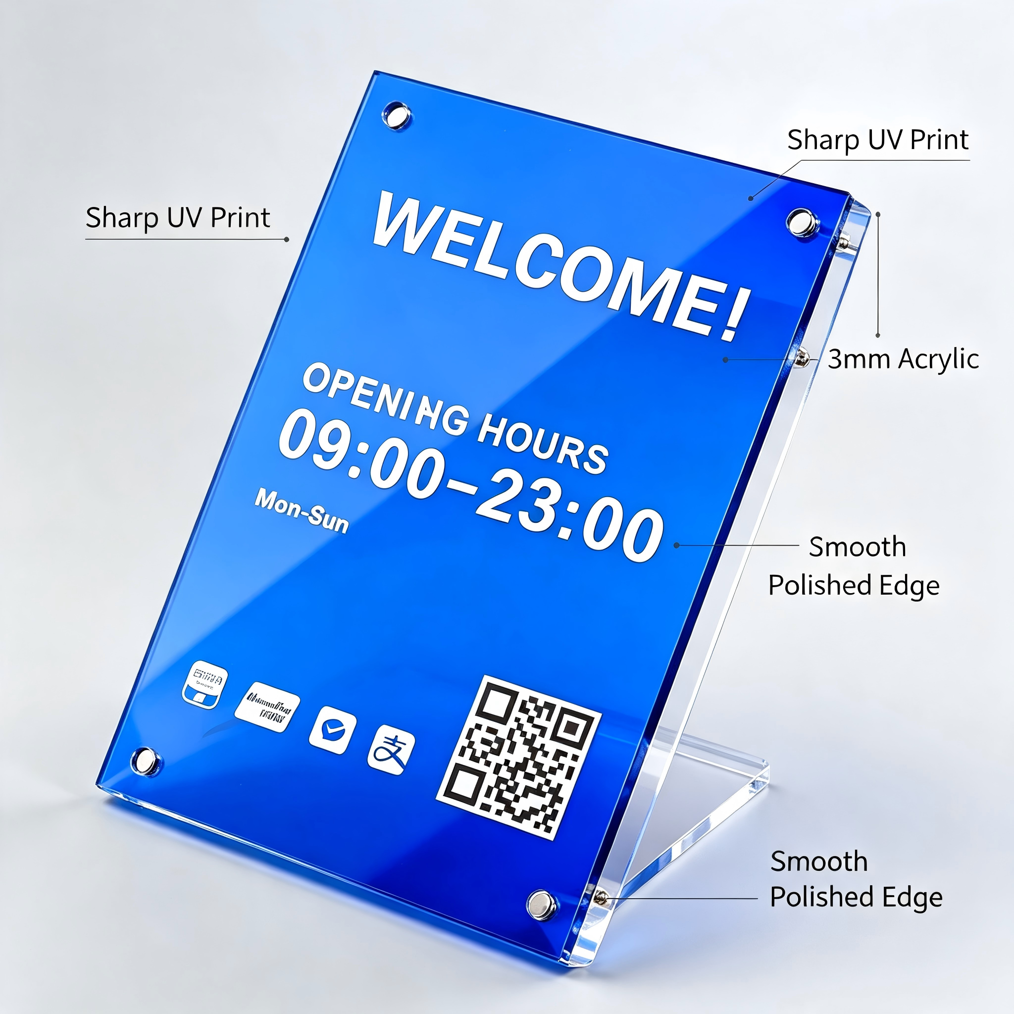 Custom UV printing acrylic information sign, translucent acrylic plaque with logo & QR code, business opening hour wall signage
